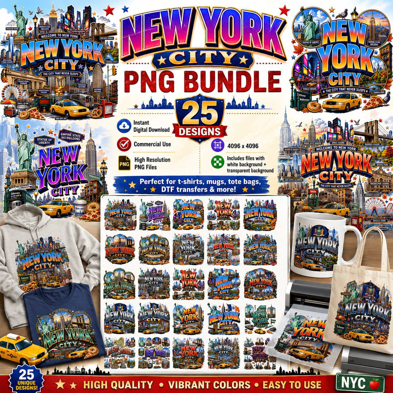 Vibrant New York City t-shirt, Illustration Digital Download - NYC Landmark Art Print for Commercial Use, POD Design, Digital Downloads