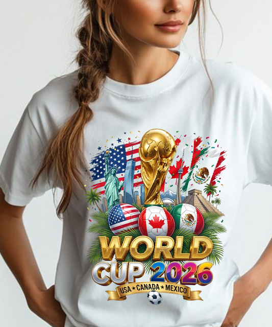 T-Shirt — World Cup 2026 Trophy Design with USA, Canada & Mexico Flags