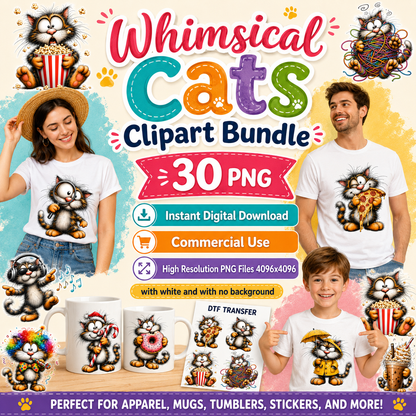 Digital cat clipart bundle featuring whimsical kitten illustrations for nursery decor, kids' crafts, and commercial use by comma.us