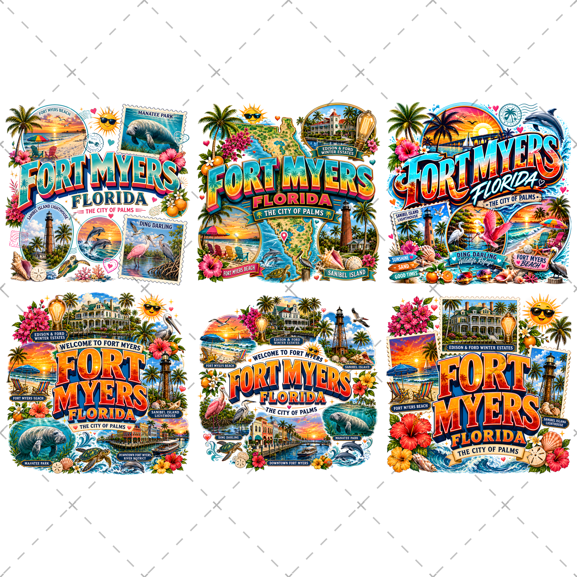 Fort Myers Florida PNG | City of Palms Travel Landmark Collage | Sublimation Design | POD T-Shirt Mug Tumbler Print