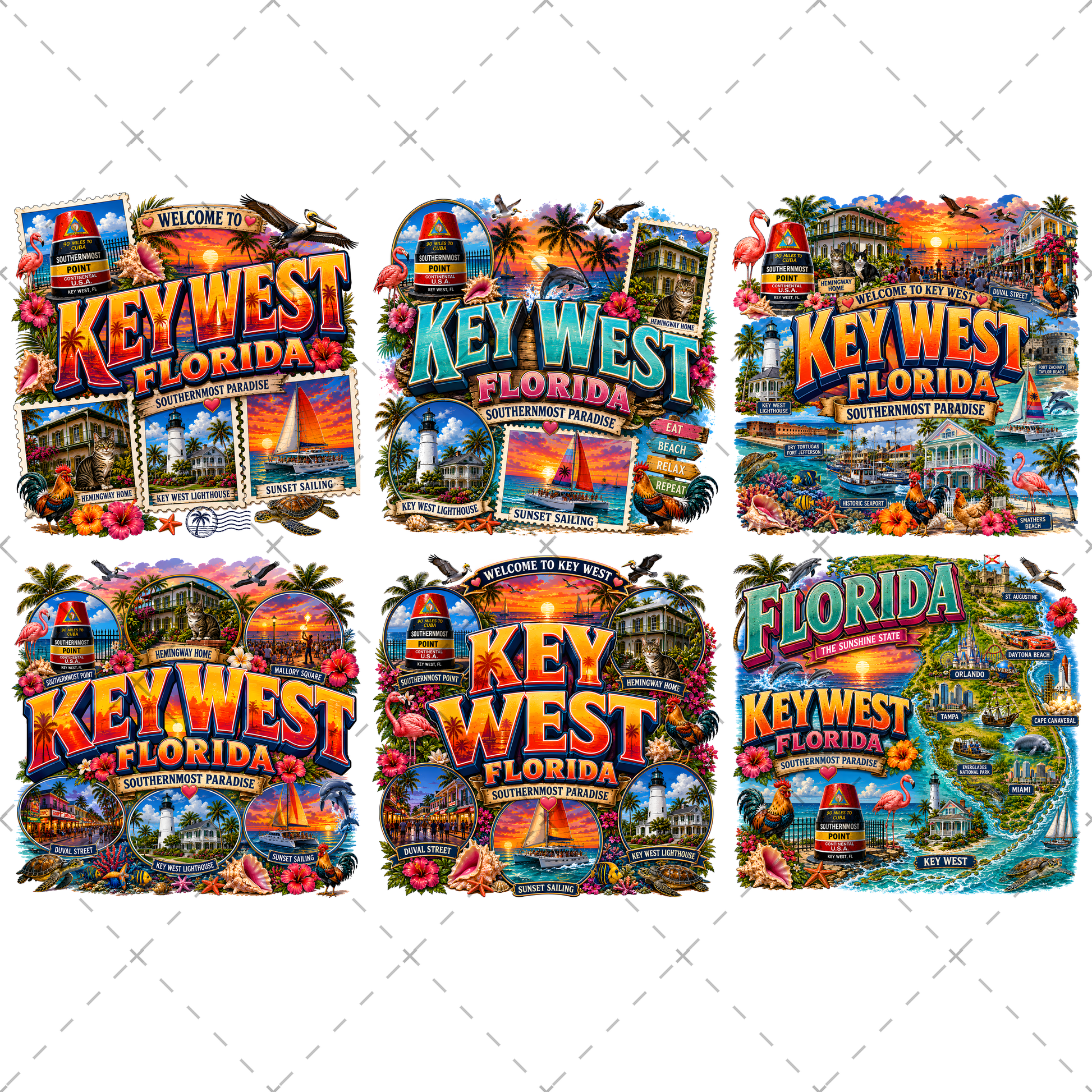 Key West Florida PNG Tropical Travel Collage Art Sublimation Design Printable Landmarks Wall Art Commercial Use