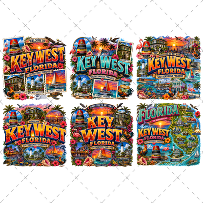 Key West Florida PNG Tropical Travel Collage Art Sublimation Design Printable Landmarks Wall Art Commercial Use
