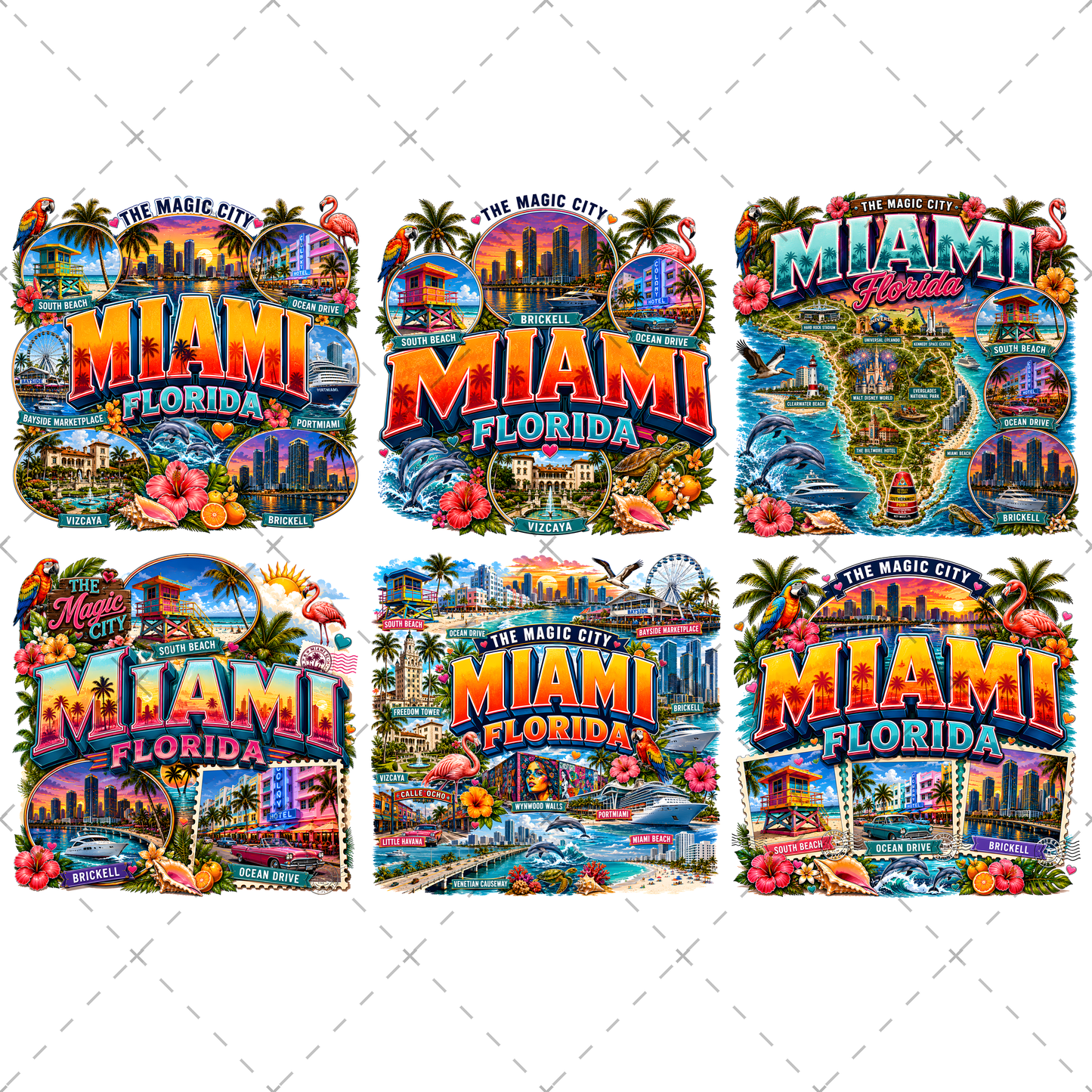 Miami Florida Travel Poster, Vibrant City Landmarks Collage Printable Wall Art, Commercial Use PNG Sublimation Design