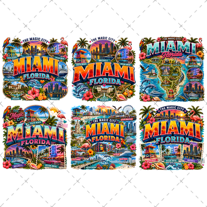 Miami Florida Travel Poster, Vibrant City Landmarks Collage Printable Wall Art, Commercial Use PNG Sublimation Design
