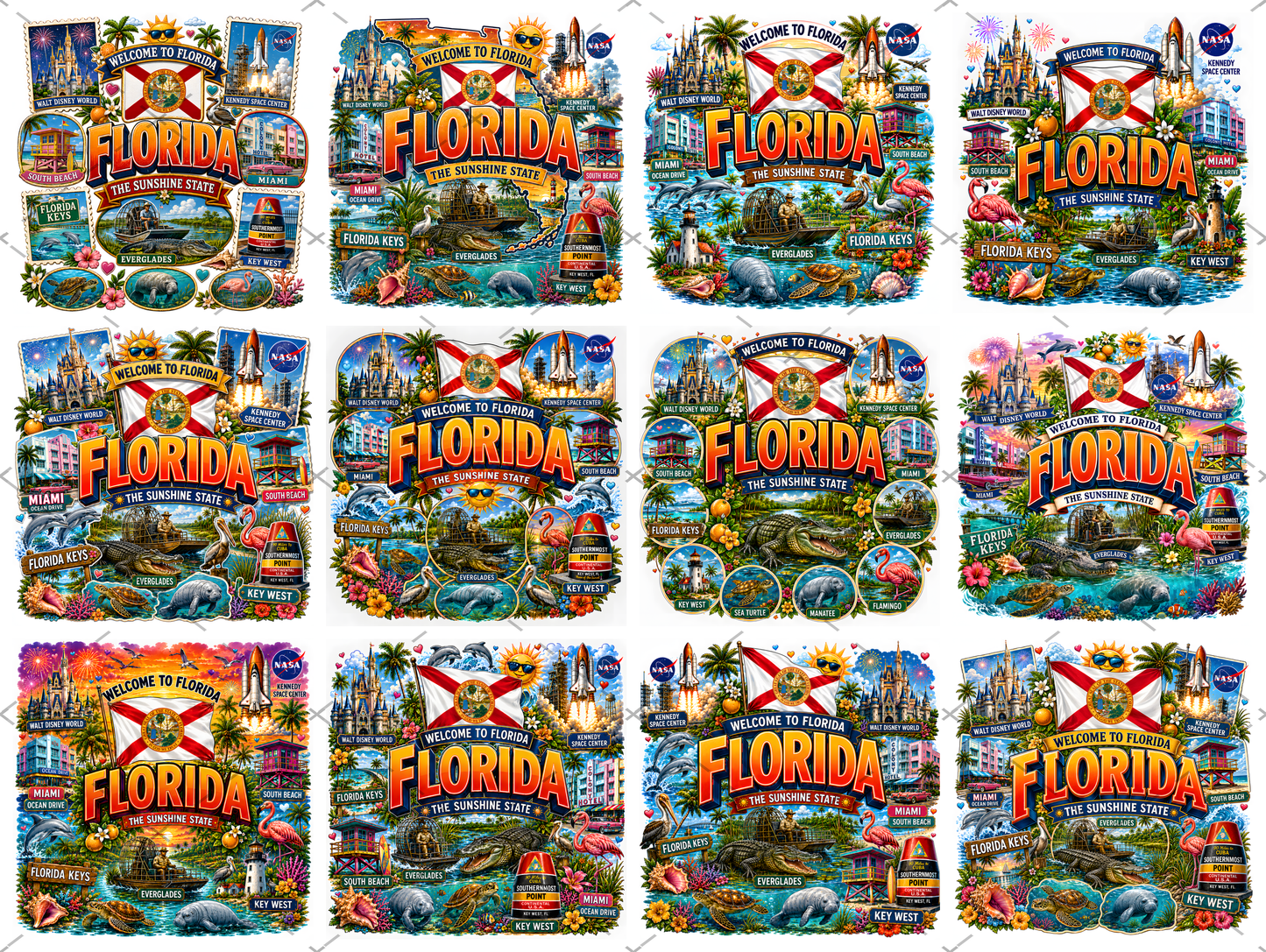 Florida Sunshine State PNG Travel Souvenir Collage Sublimation Design Landmarks Beach POD T-Shirt Mug Tumbler