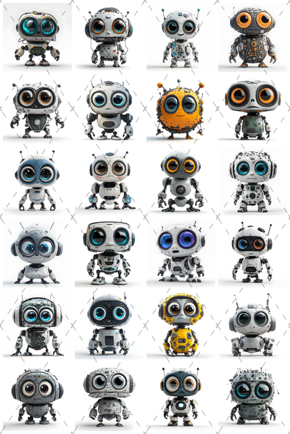 Cute Robot PNG Clipart, Big Eyed Cartoon Robots, Kids Decor Sublimation, T-Shirt Design, Commercial Use POD Bundle