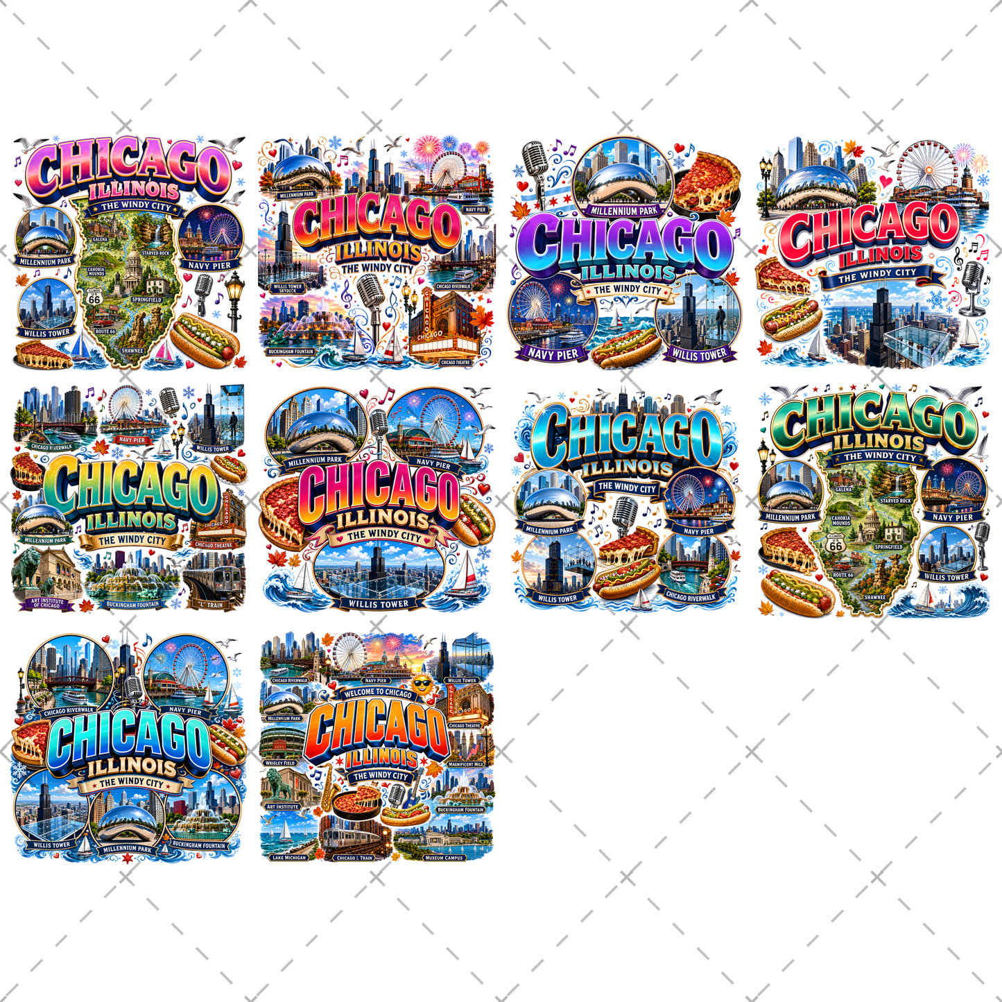 Chicago Illinois Landmarks PNG Travel Collage Digital Download Sublimation Print Commercial Use POD, windy city png, mug design png, sticker design, PNG, digital download, high resolution