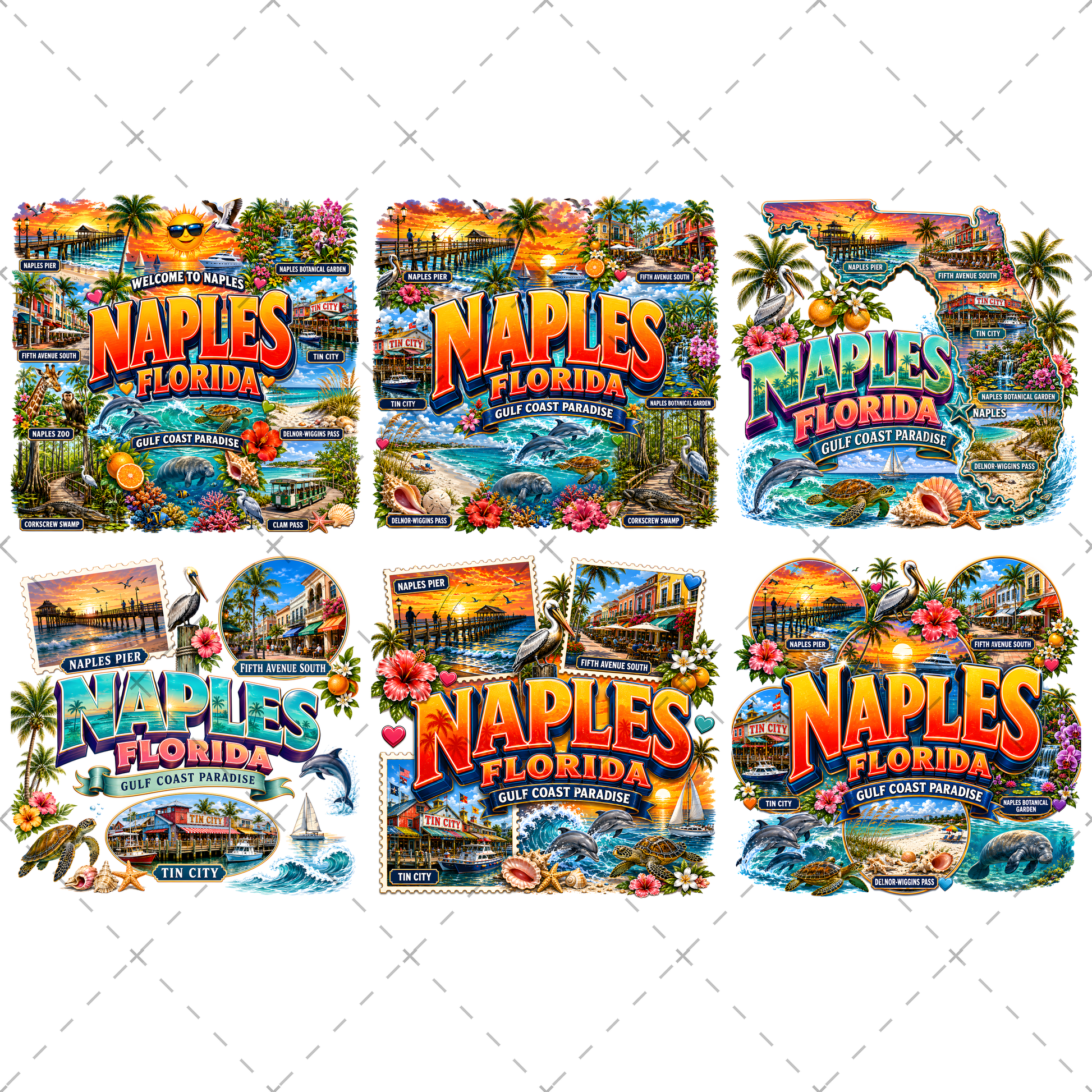 Naples Florida PNG Gulf Coast Landmarks Travel Souvenir Collage Sublimation T-Shirt Design Commercial Use Download