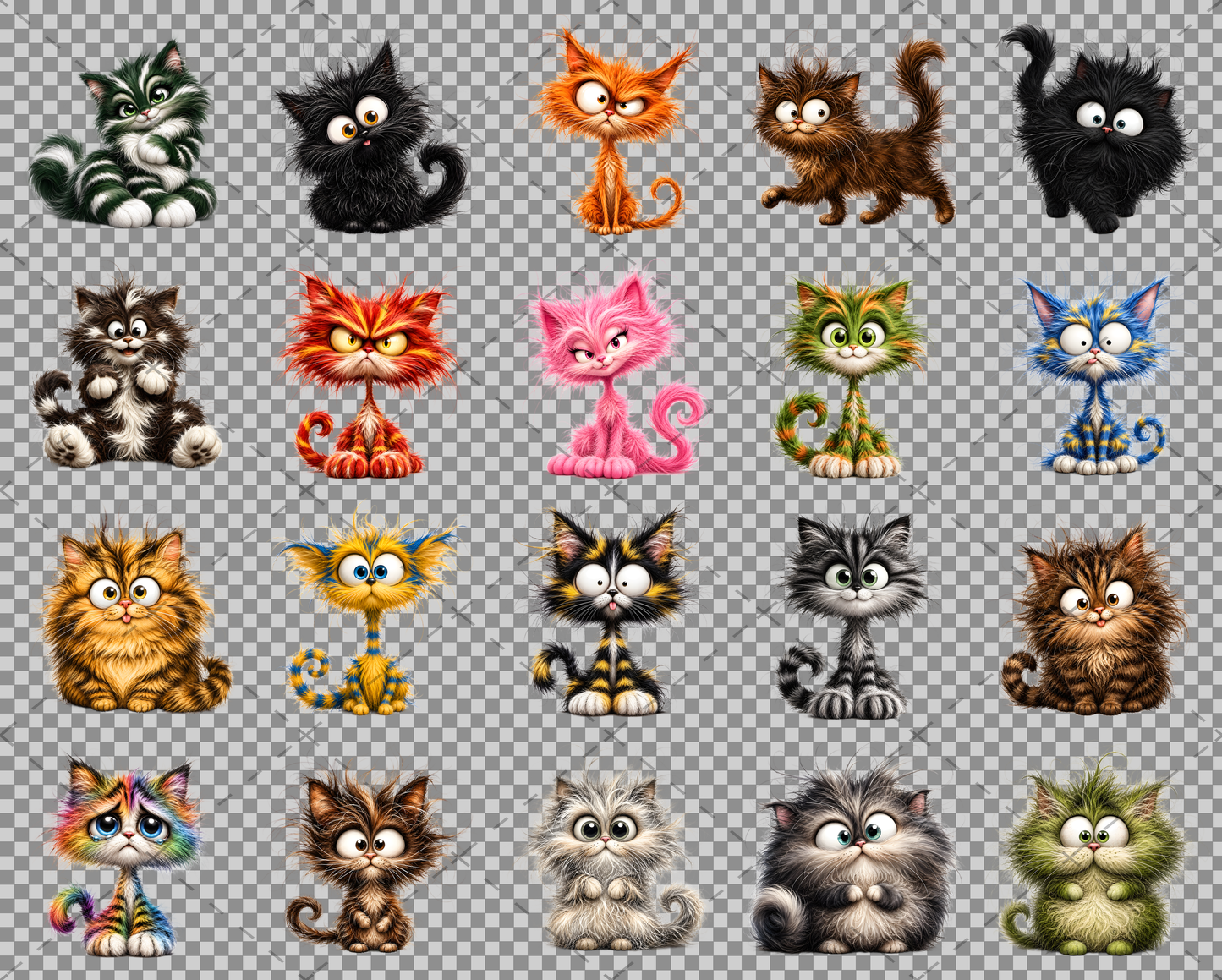 Whimsical Cartoon Cat PNG Bundle, Big-Eyed Fluffy Cats Sublimation, Cute Kawaii Cat Clipart for Tshirt Mug Tumbler Comme