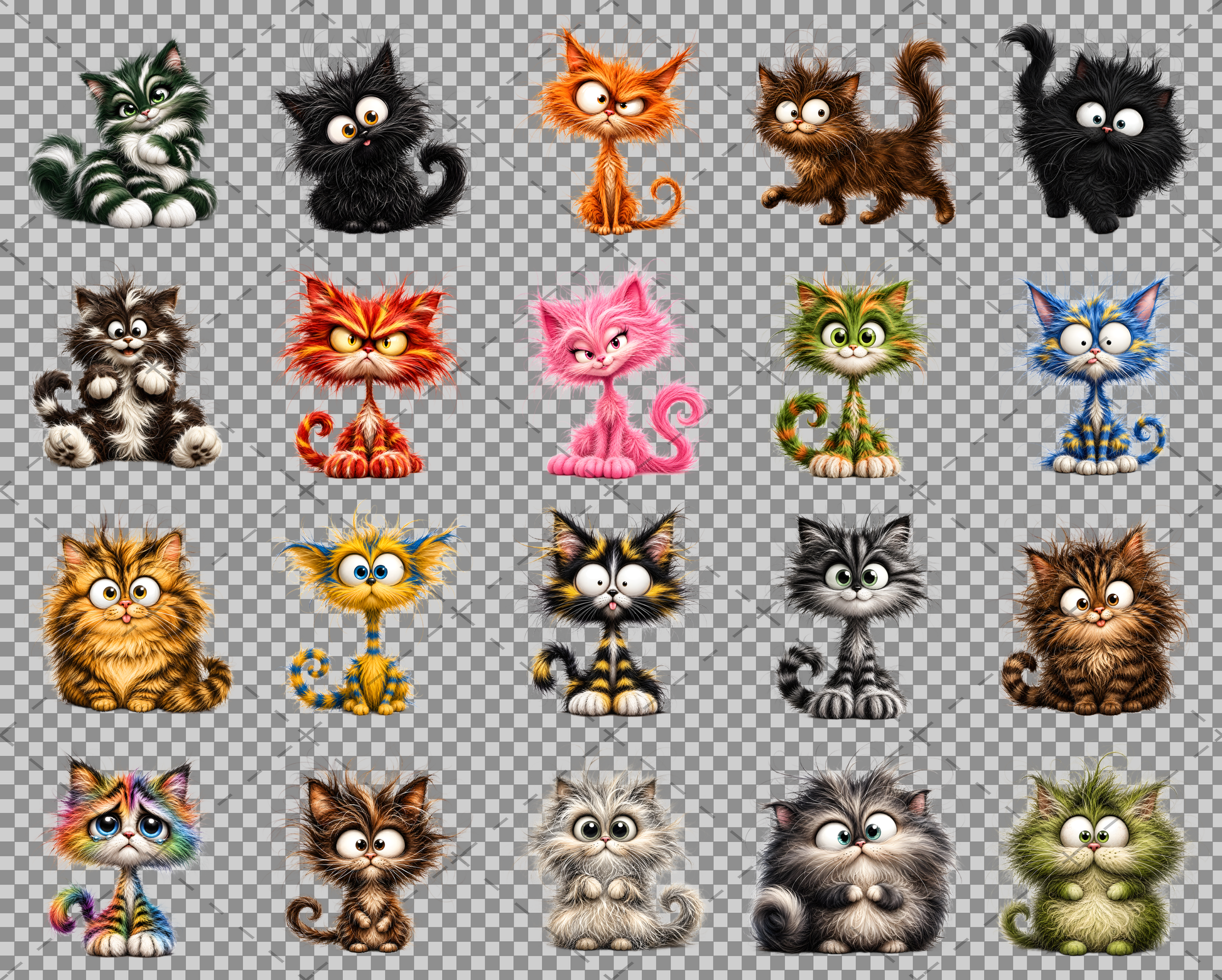 Whimsical Cartoon Cat PNG Bundle, Big-Eyed Fluffy Cats Sublimation, Cute Kawaii Cat Clipart for Tshirt Mug Tumbler Comme