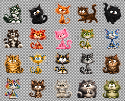 Whimsical Cartoon Cat PNG Bundle, Big-Eyed Fluffy Cats Sublimation, Cute Kawaii Cat Clipart for Tshirt Mug Tumbler Comme