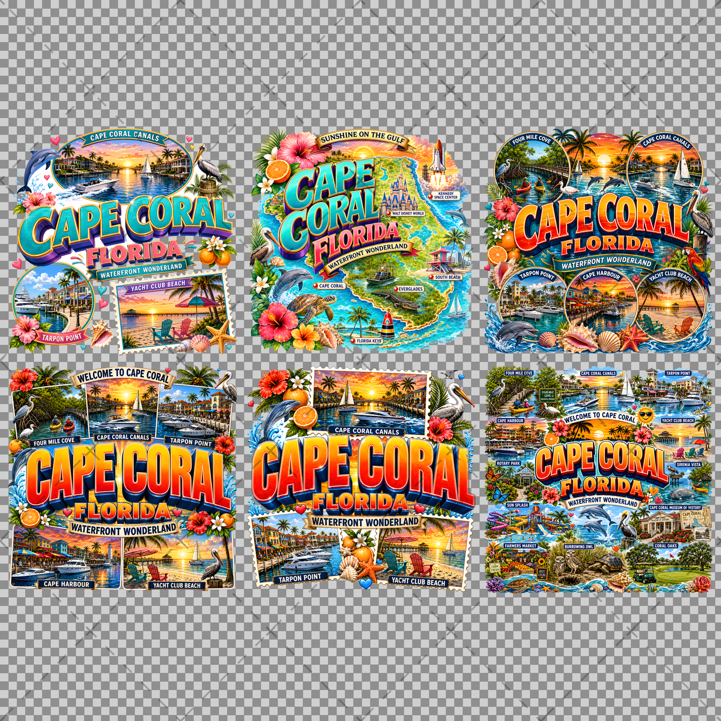 Cape Coral Florida Waterfront Travel Collage PNG | Souvenir Art Sublimation Print | Commercial Use POD T-Shirt Mug Desig