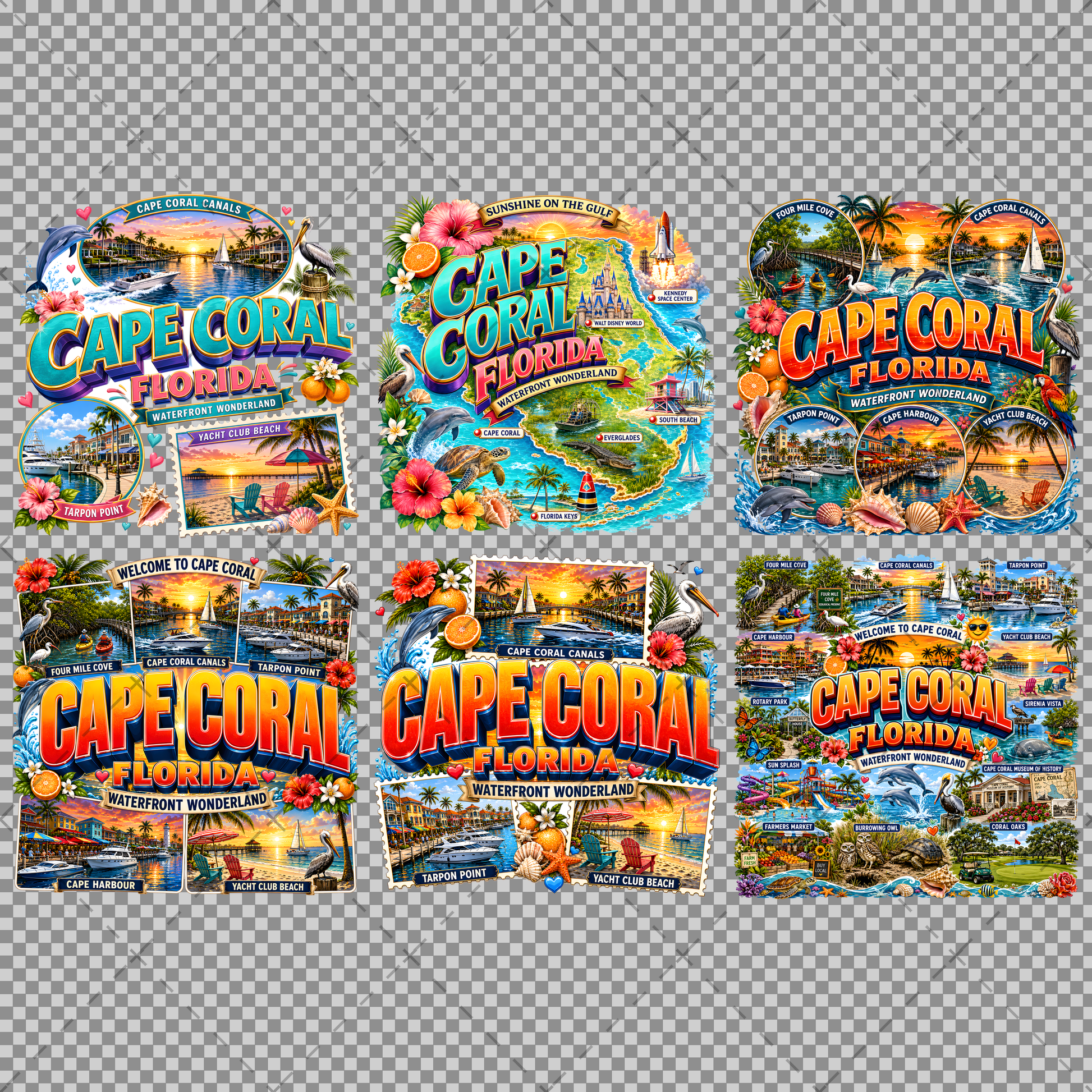 Cape Coral Florida Waterfront Travel Collage PNG | Souvenir Art Sublimation Print | Commercial Use POD T-Shirt Mug Desig