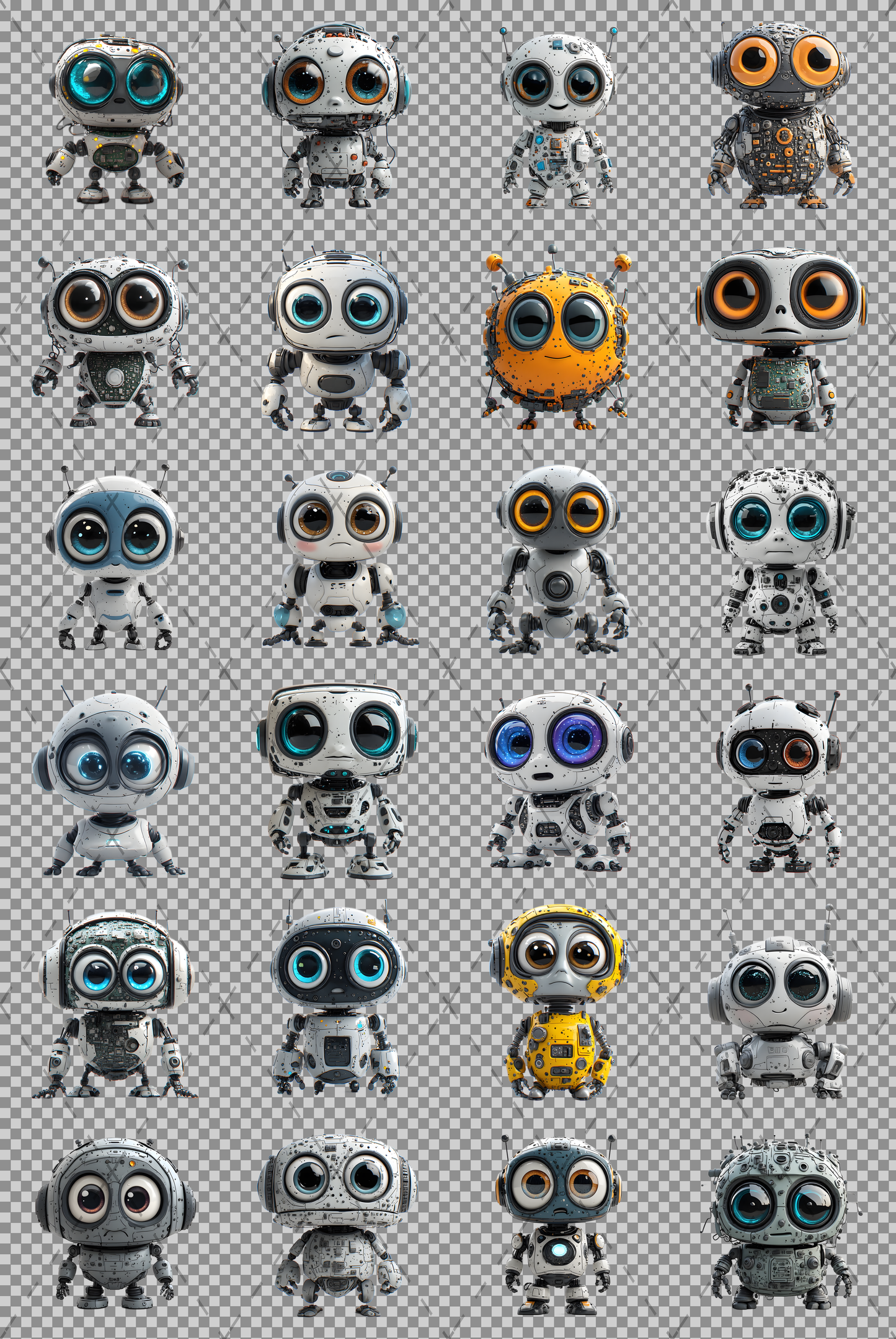 Cute Robot PNG Clipart, Big Eyed Cartoon Robots, Kids Decor Sublimation, T-Shirt Design, Commercial Use POD Bundle