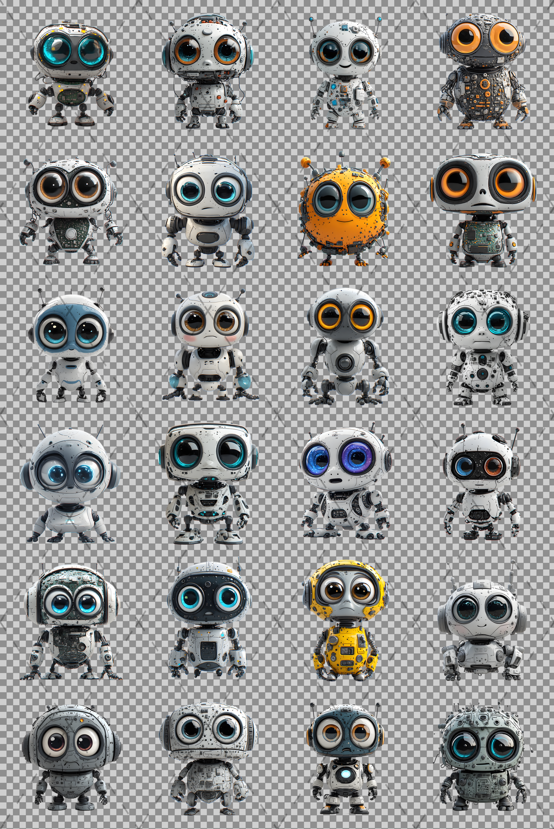 Cute Robot PNG Clipart, Big Eyed Cartoon Robots, Kids Decor Sublimation, T-Shirt Design, Commercial Use POD Bundle