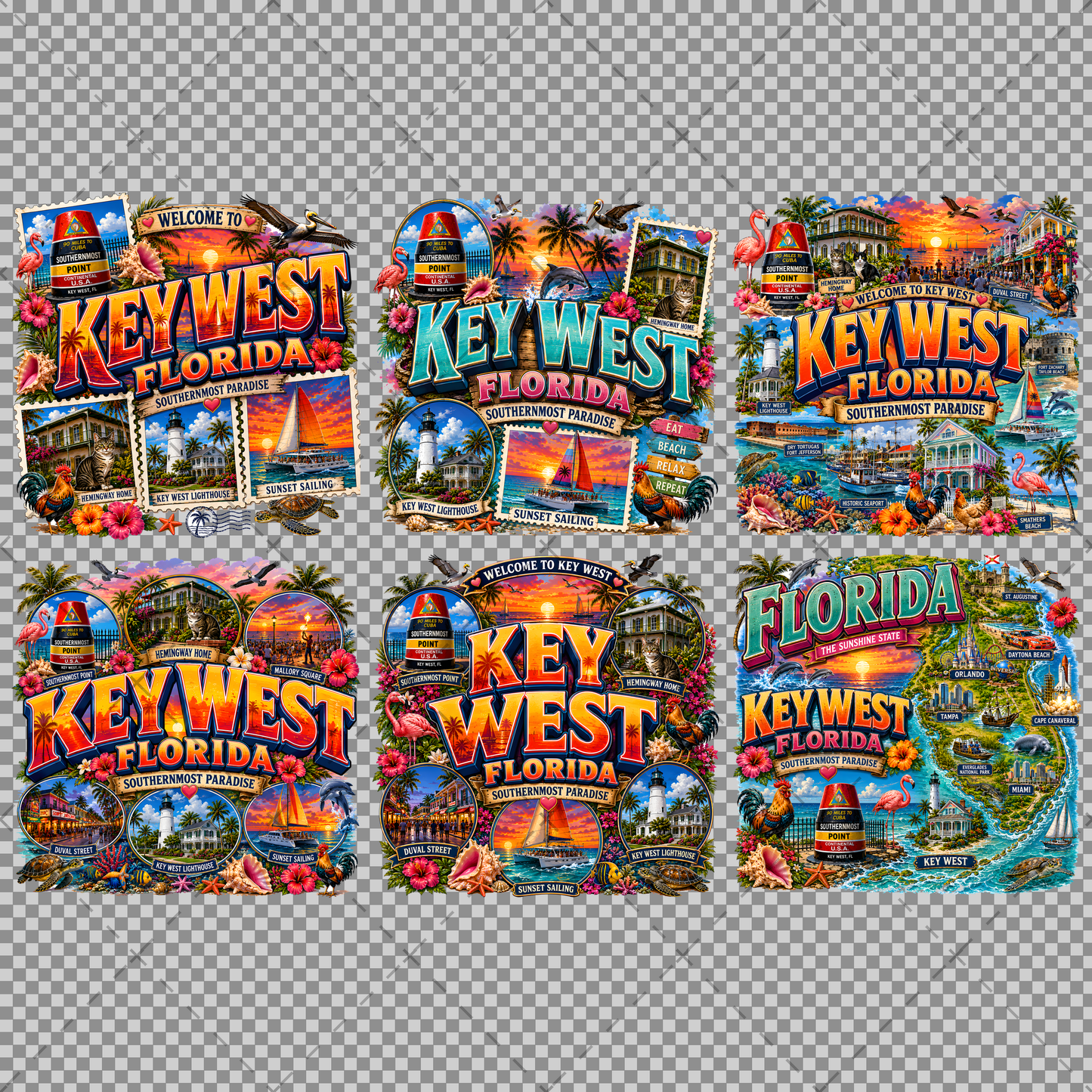 Key West Florida PNG Tropical Travel Collage Art Sublimation Design Printable Landmarks Wall Art Commercial Use