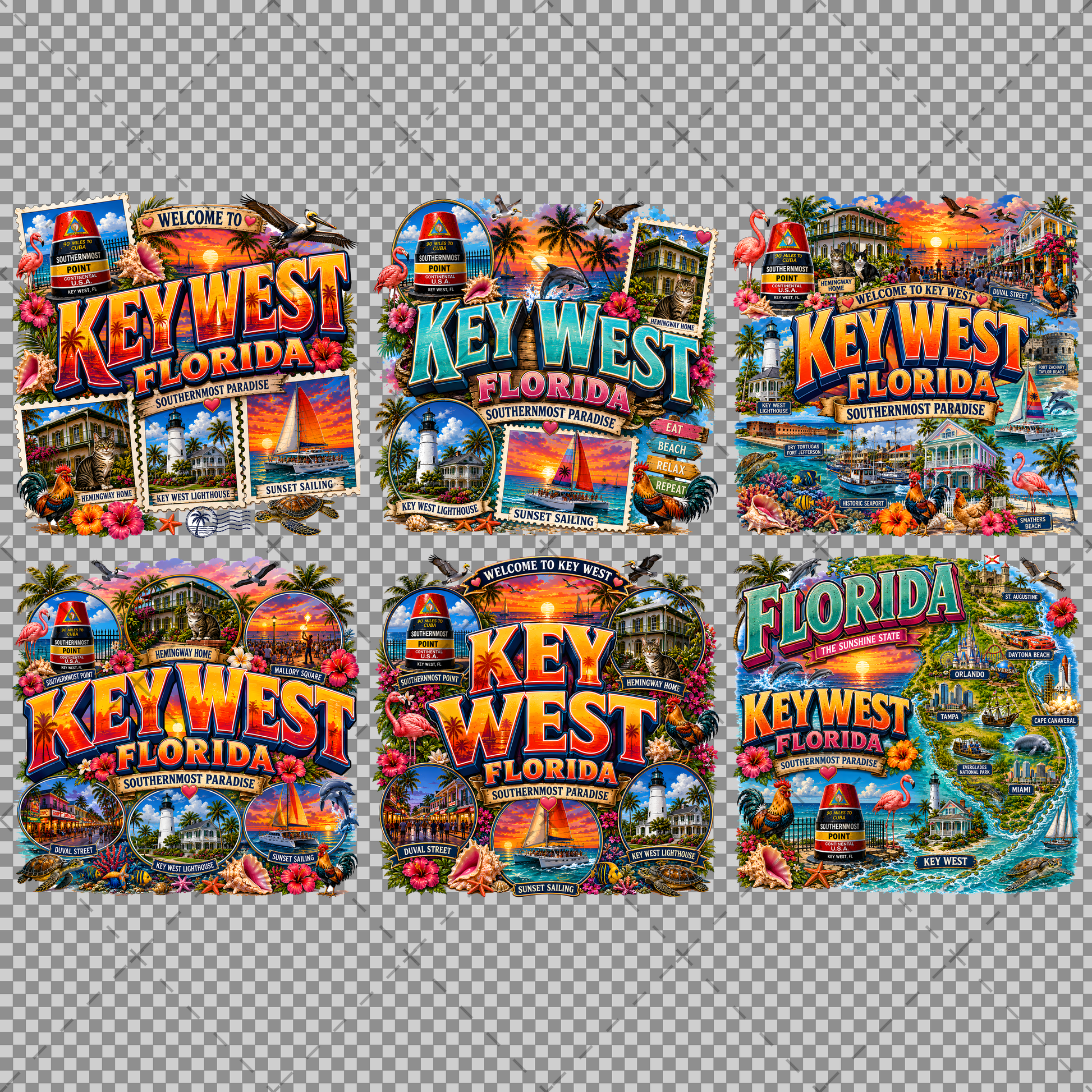 Key West Florida PNG Tropical Travel Collage Art Sublimation Design Printable Landmarks Wall Art Commercial Use