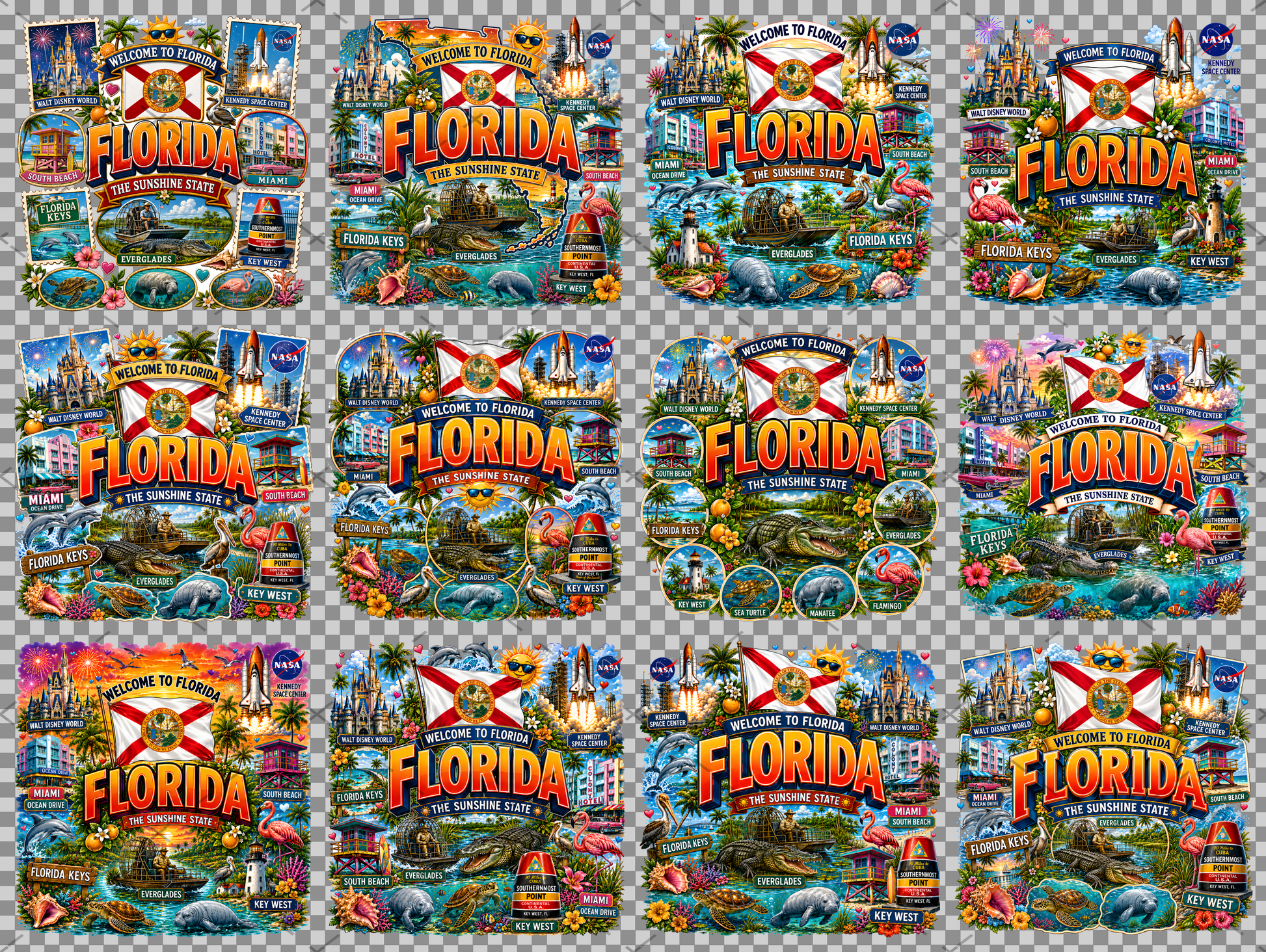 Florida Sunshine State PNG Travel Souvenir Collage Sublimation Design Landmarks Beach POD T-Shirt Mug Tumbler