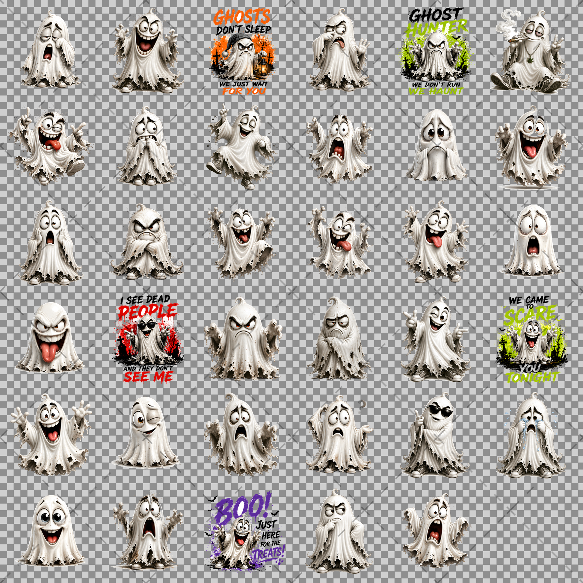 Funny Halloween Ghost Clipart PNG, Cute Cartoon Ghosts Sublimation, Spooky Decor Crafts, Commercial Use POD Tshirt Tumbler Designs — halloween crafts