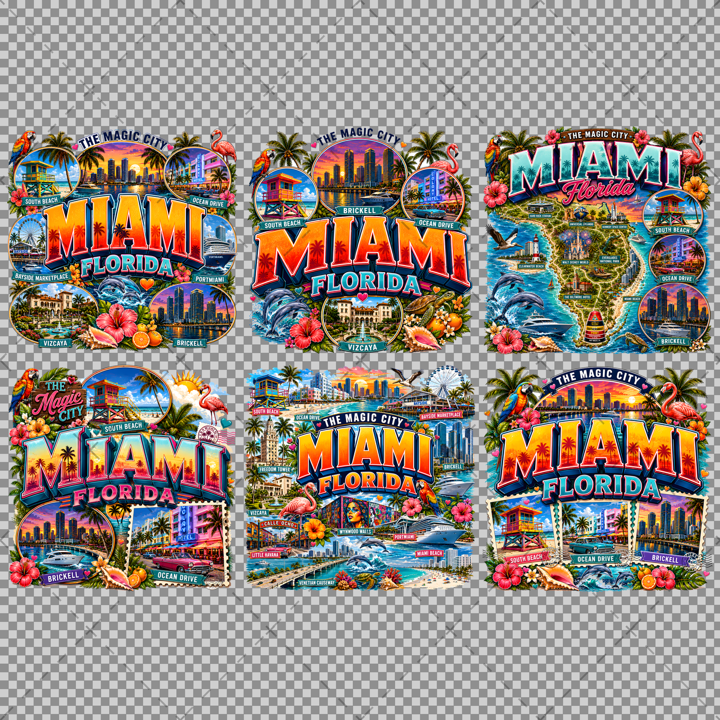 Miami Florida Travel Poster, Vibrant City Landmarks Collage Printable Wall Art, Commercial Use PNG Sublimation Design