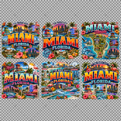 Miami Florida Travel Poster, Vibrant City Landmarks Collage Printable Wall Art, Commercial Use PNG Sublimation Design