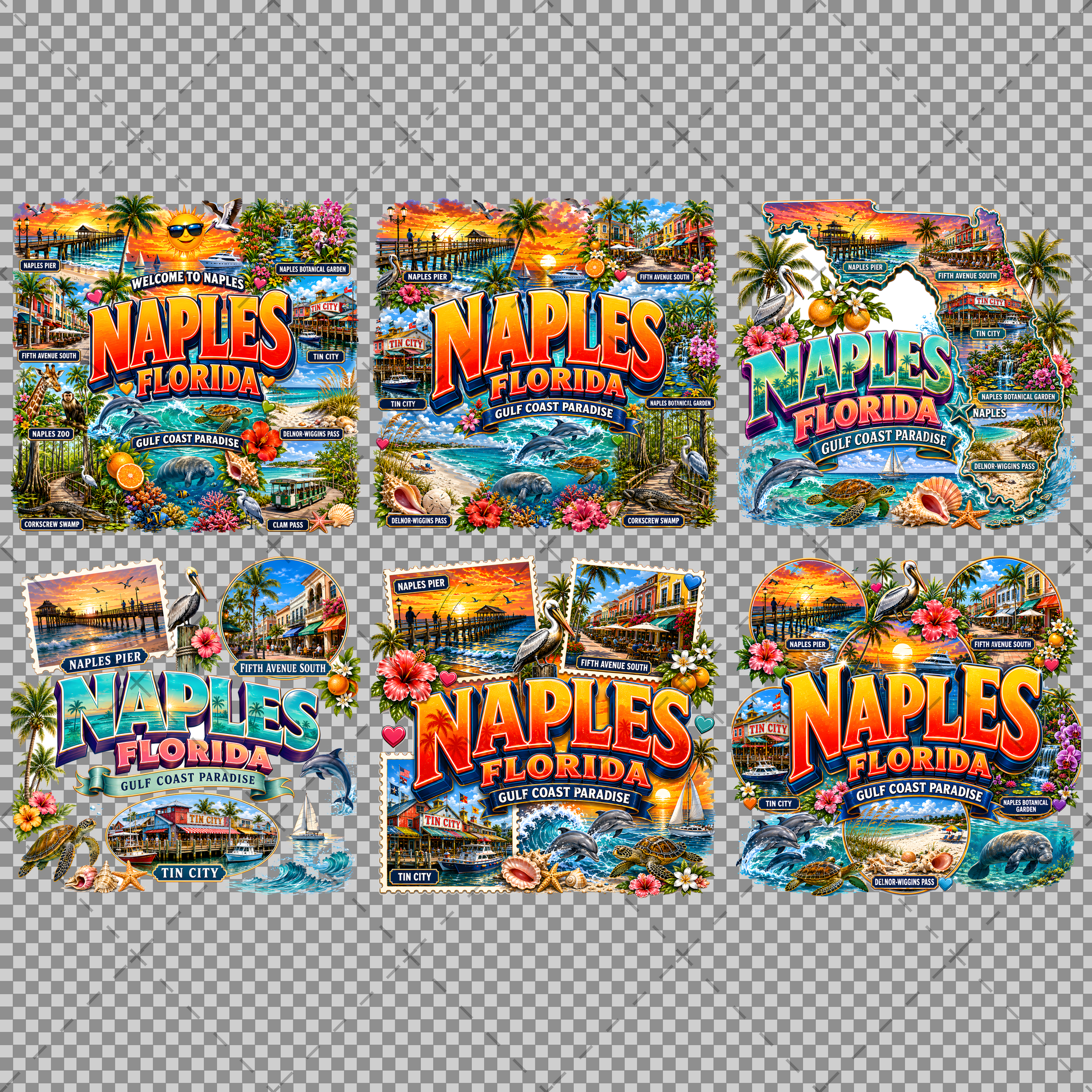 Naples Florida PNG Gulf Coast Landmarks Travel Souvenir Collage Sublimation T-Shirt Design Commercial Use Download