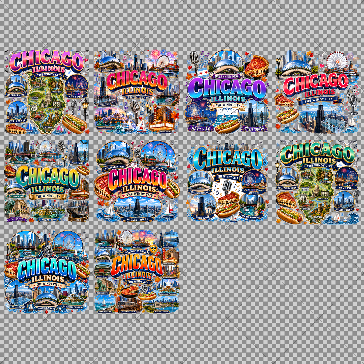 Chicago Illinois Landmarks PNG Travel Collage Digital Download Sublimation Print Commercial Use POD, small business png, chicago png, illinois landmarks, PNG, digital download, high resolution