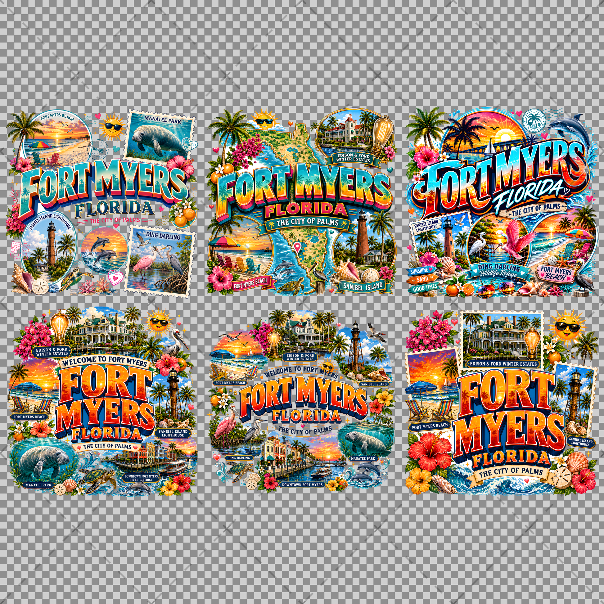 Fort Myers Florida PNG | City of Palms Travel Landmark Collage | Sublimation Design | POD T-Shirt Mug Tumbler Print