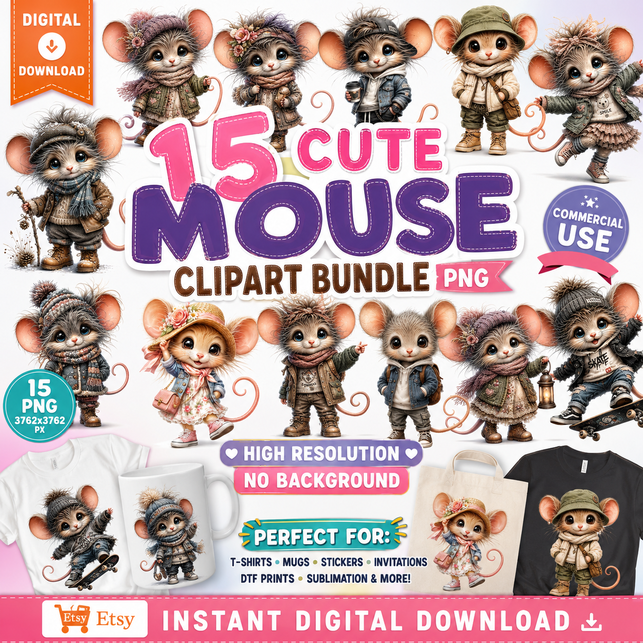 Cute Dressed Up Mice PNG Sublimation Bundle, Cartoon Mice Seasonal Outfits Clipart, POD Tshirt Tumbler Design Commercial