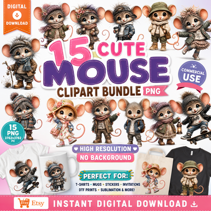 Cute Dressed Up Mice PNG Sublimation Bundle, Cartoon Mice Seasonal Outfits Clipart, POD Tshirt Tumbler Design Commercial