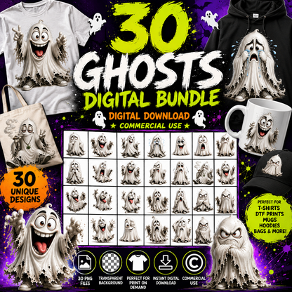 Funny Halloween Ghost Clipart PNG, Cute Cartoon Ghosts Sublimation, Spooky Decor Crafts, Commercial Use POD Tshirt Tumbler Designs