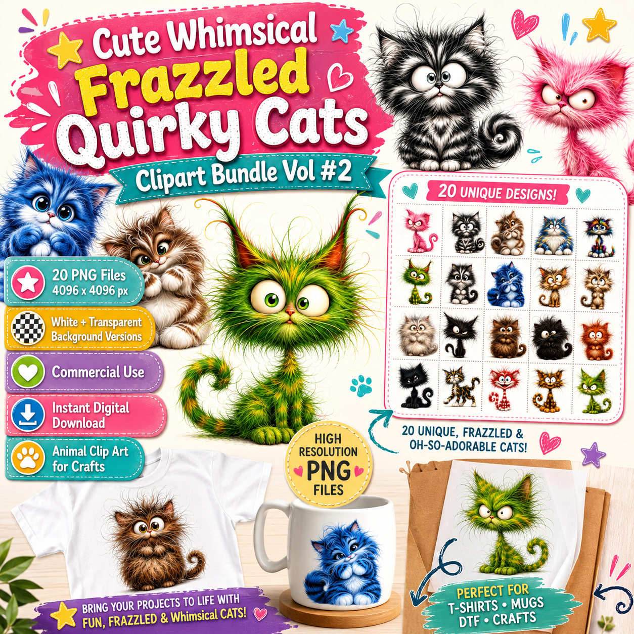 Whimsical Cartoon Cat PNG, Cute Fluffy Big Eyed Kitty Clipart, Sublimation Design for Tshirts Mugs Tumblers, Commercial 
