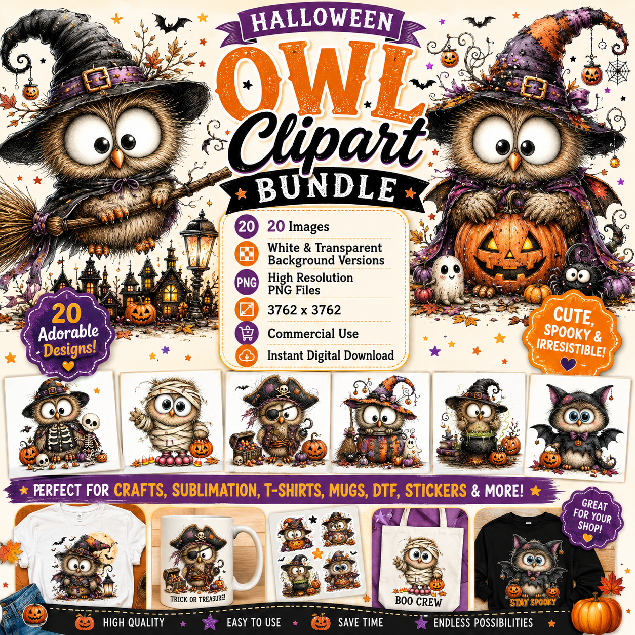 Halloween Owls Clipart PNG, Whimsical Costumed Owls Sublimation, Spooky Cute Owl Design for Crafts, Decor, POD Commercia