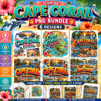 Cape Coral Florida Waterfront Travel Collage PNG | Souvenir Art Sublimation Print | Commercial Use POD T-Shirt Mug Desig