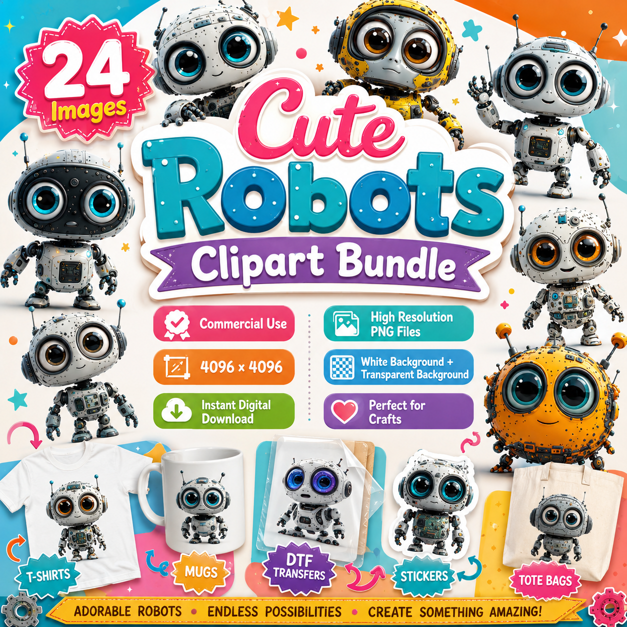 Cute Robot PNG Clipart, Big Eyed Cartoon Robots, Kids Decor Sublimation, T-Shirt Design, Commercial Use POD Bundle