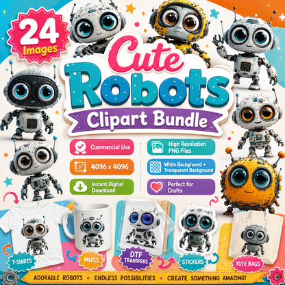 Cute Robot PNG Clipart, Big Eyed Cartoon Robots, Kids Decor Sublimation, T-Shirt Design, Commercial Use POD Bundle