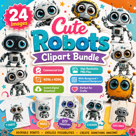Cute big-eyed cartoon robots clipart bundle preview — 24 adorable kids-decor robot designs for t-shirts, mugs, stickers and tote bags