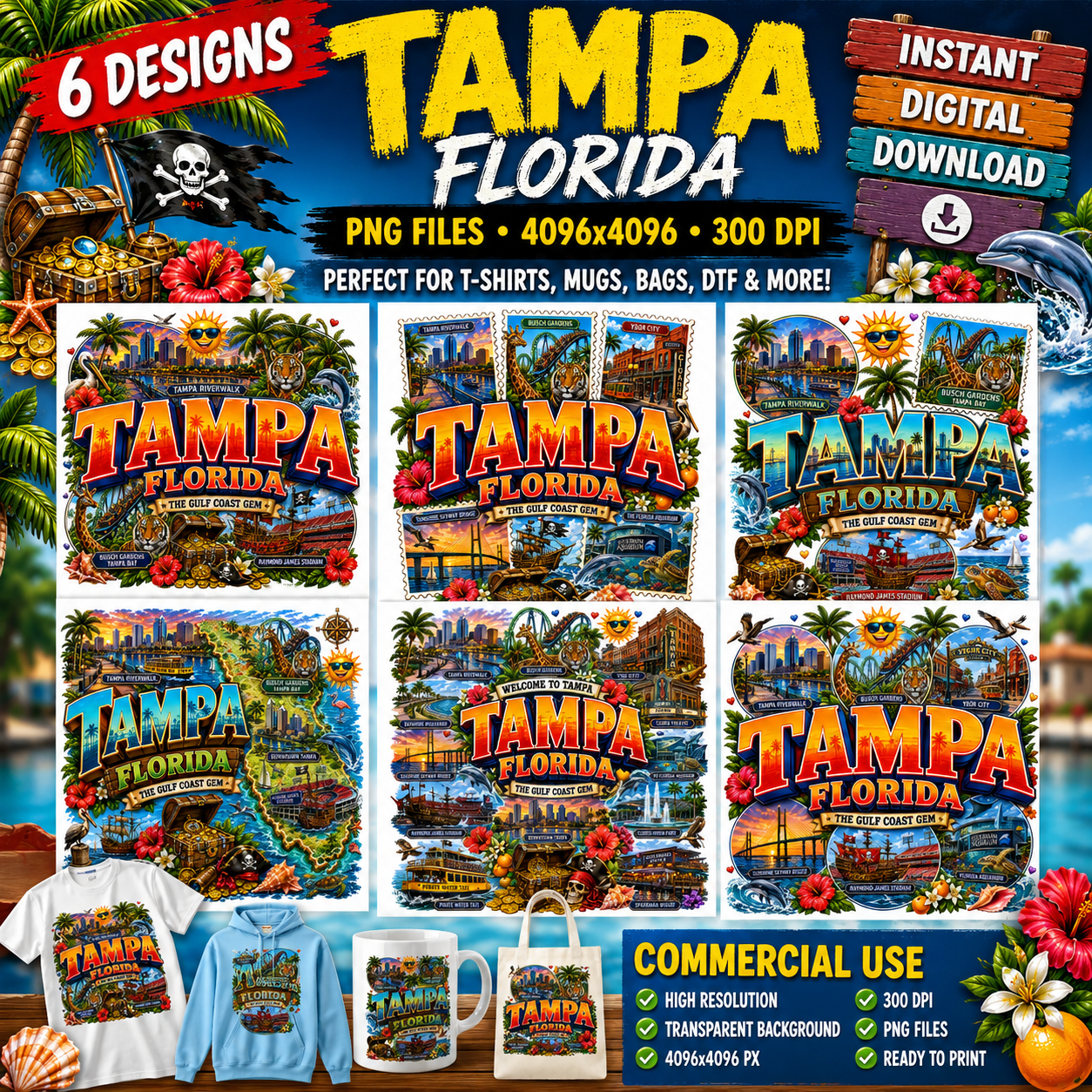 Tampa Florida Travel Poster PNG Sublimation Landmarks Souvenir Collage Print POD Tshirt Design Commercial Use