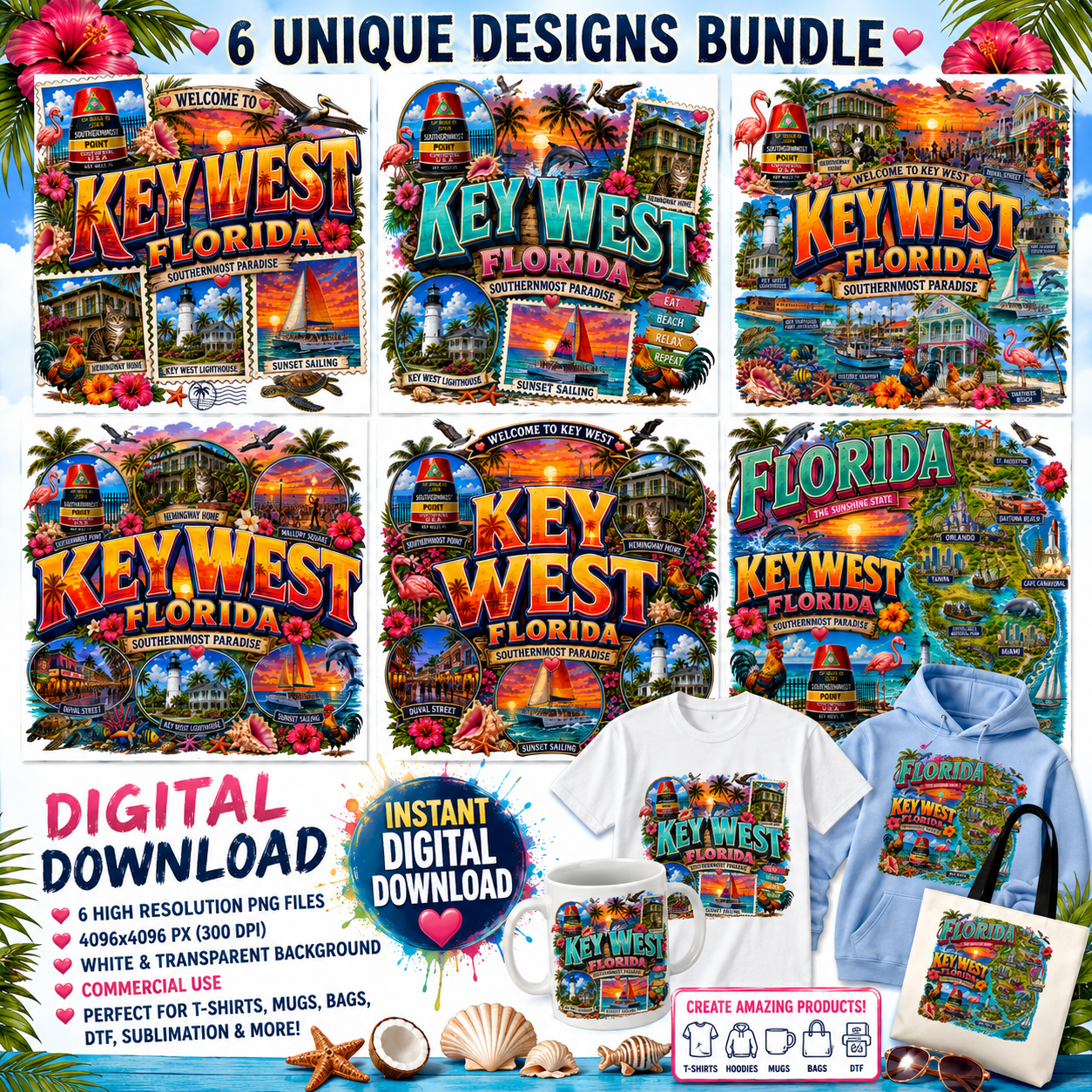 Key West Florida PNG Tropical Travel Collage Art Sublimation Design Printable Landmarks Wall Art Commercial Use
