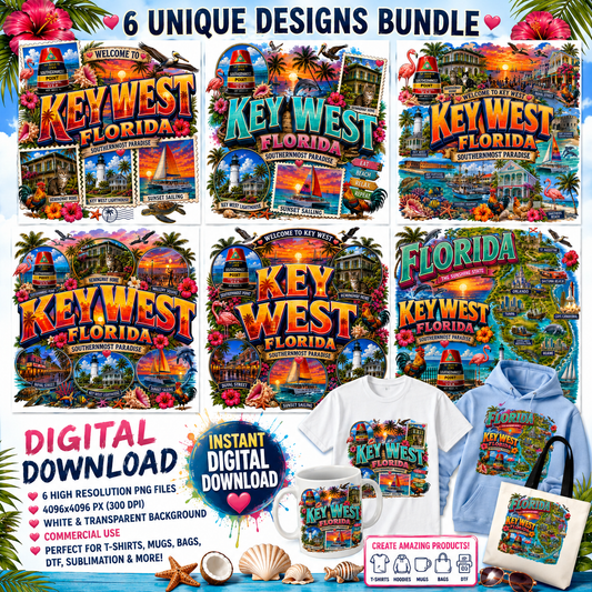 Key West Florida travel collage — bundle cover with 6 sublimation designs plus t-shirt, mug and tote mockups; digital download promo.