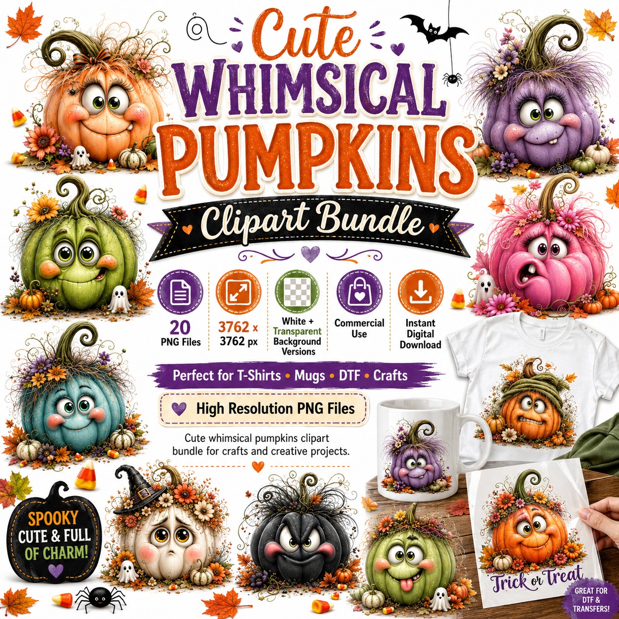 Cute Pumpkin PNG Whimsical Halloween Clipart Sublimation Design Fall Autumn Decor Commercial Use Pumpkin Characters