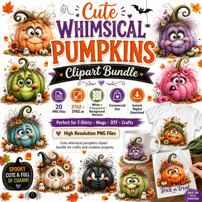 Cute Pumpkin PNG Whimsical Halloween Clipart Sublimation Design Fall Autumn Decor Commercial Use Pumpkin Characters