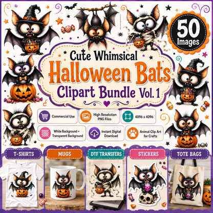 Halloween Bats Clipart, Whimsical Cartoon Pumpkins PNG, Sublimation Design, Cute Fall Commercial Use, POD Tshirt Mug Tum