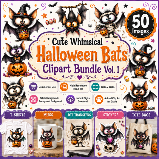 Cute whimsical Halloween bats clipart bundle preview — 50 cartoon bat PNG designs with pumpkins, shown on t-shirt, mug, tote and sticker mockups