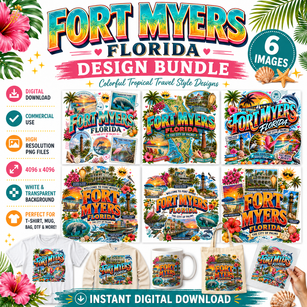 Fort Myers Florida PNG | City of Palms Travel Landmark Collage | Sublimation Design | POD T-Shirt Mug Tumbler Print