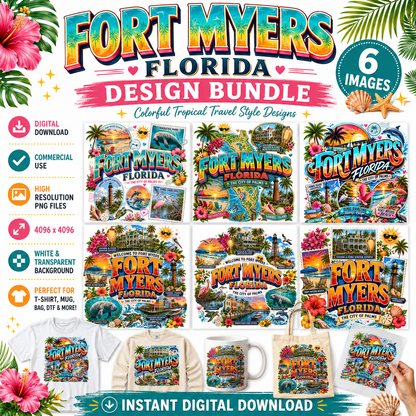 Fort Myers Florida PNG | City of Palms Travel Landmark Collage | Sublimation Design | POD T-Shirt Mug Tumbler Print