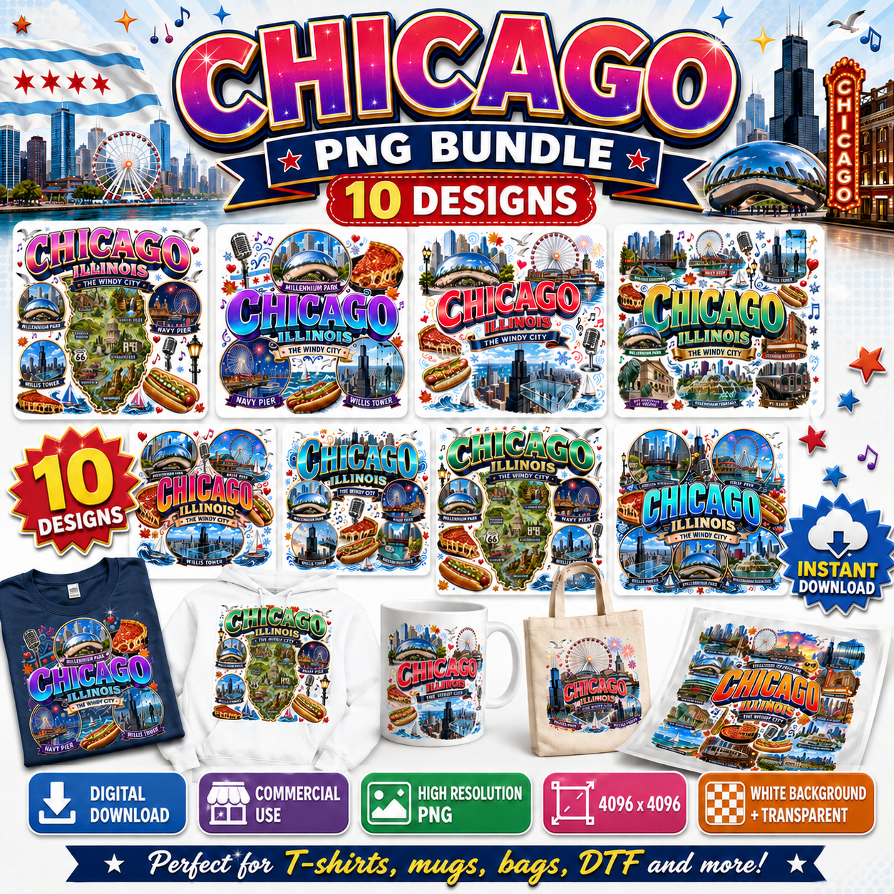 Chicago Illinois Landmarks PNG Travel Collage Digital Download Sublimation Print Commercial Use POD, chicago png, illinois landmarks, travel collage, PNG, digital download, high resolution