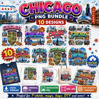 Chicago Illinois Landmarks PNG Travel Collage Digital Download Sublimation Print Commercial Use POD, chicago png, illinois landmarks, travel collage, PNG, digital download, high resolution
