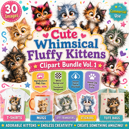 Whimsical Big-Eyed Kitten PNG, Fluffy Cat Sublimation Design, Cute Kitten Clipart for Cat Lovers, POD Tshirt Mug Tumbler