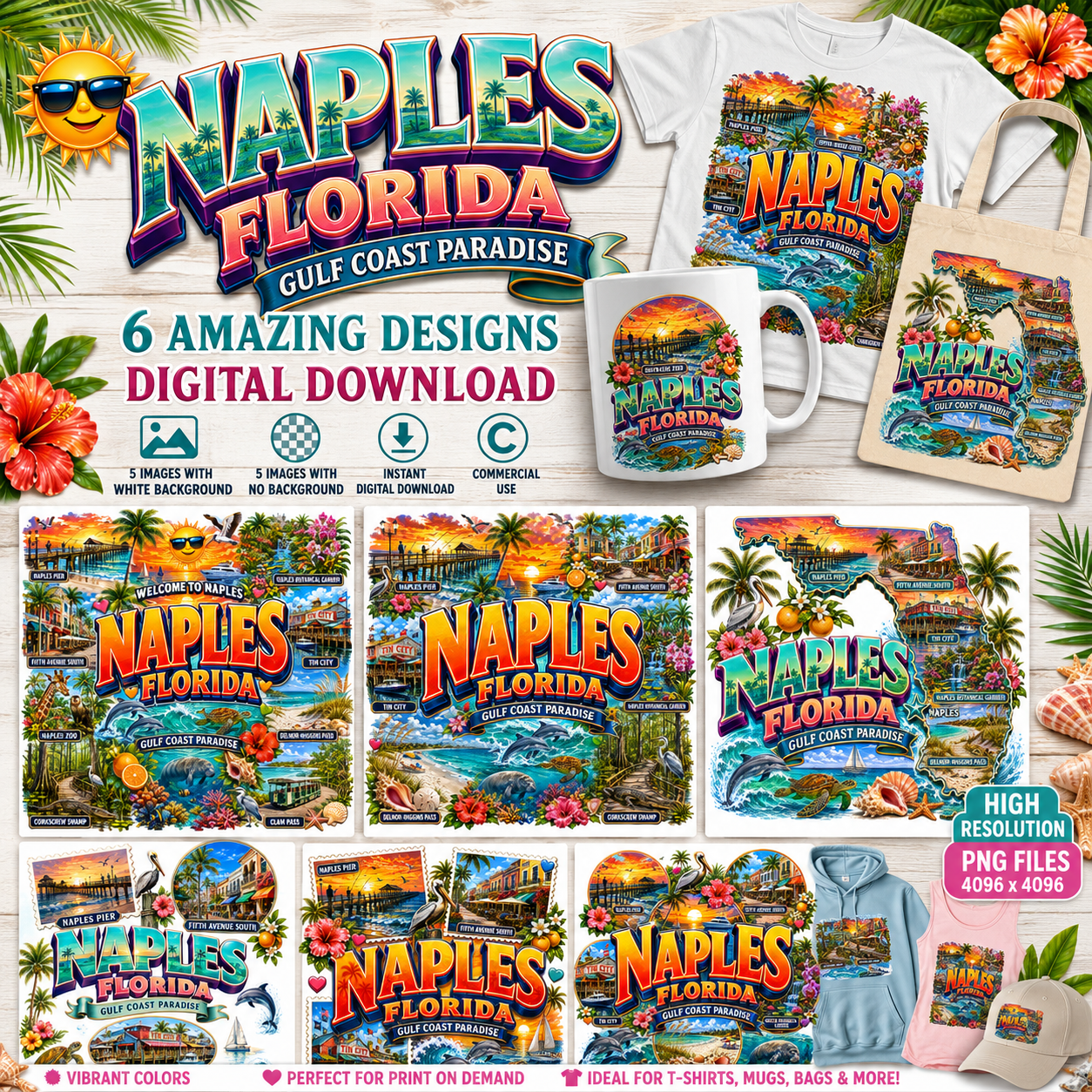 Naples Florida PNG Gulf Coast Landmarks Travel Souvenir Collage Sublimation T-Shirt Design Commercial Use Download